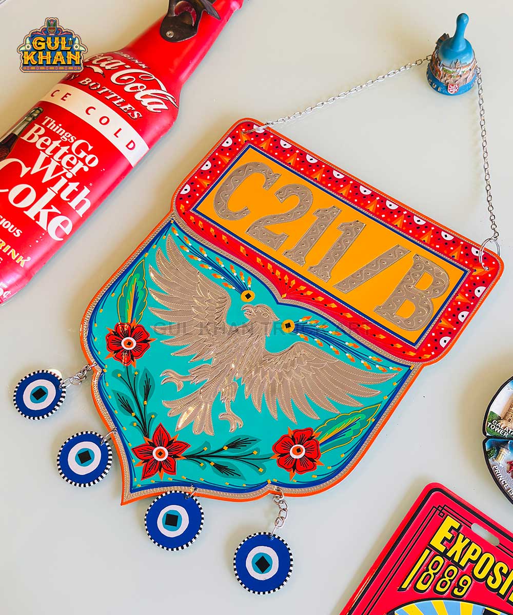 Red & Sea Green Eagle Motif Truck Art Wall Hanging - Gul Khan Truck Art