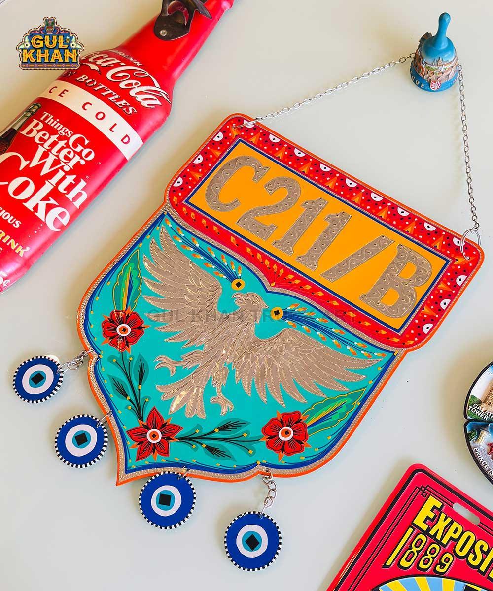 Red & Sea Green Eagle Motif Truck Art Wall Hanging - Gul Khan Truck Art