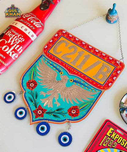 Red & Sea Green Eagle Motif Truck Art Wall Hanging - Gul Khan Truck Art