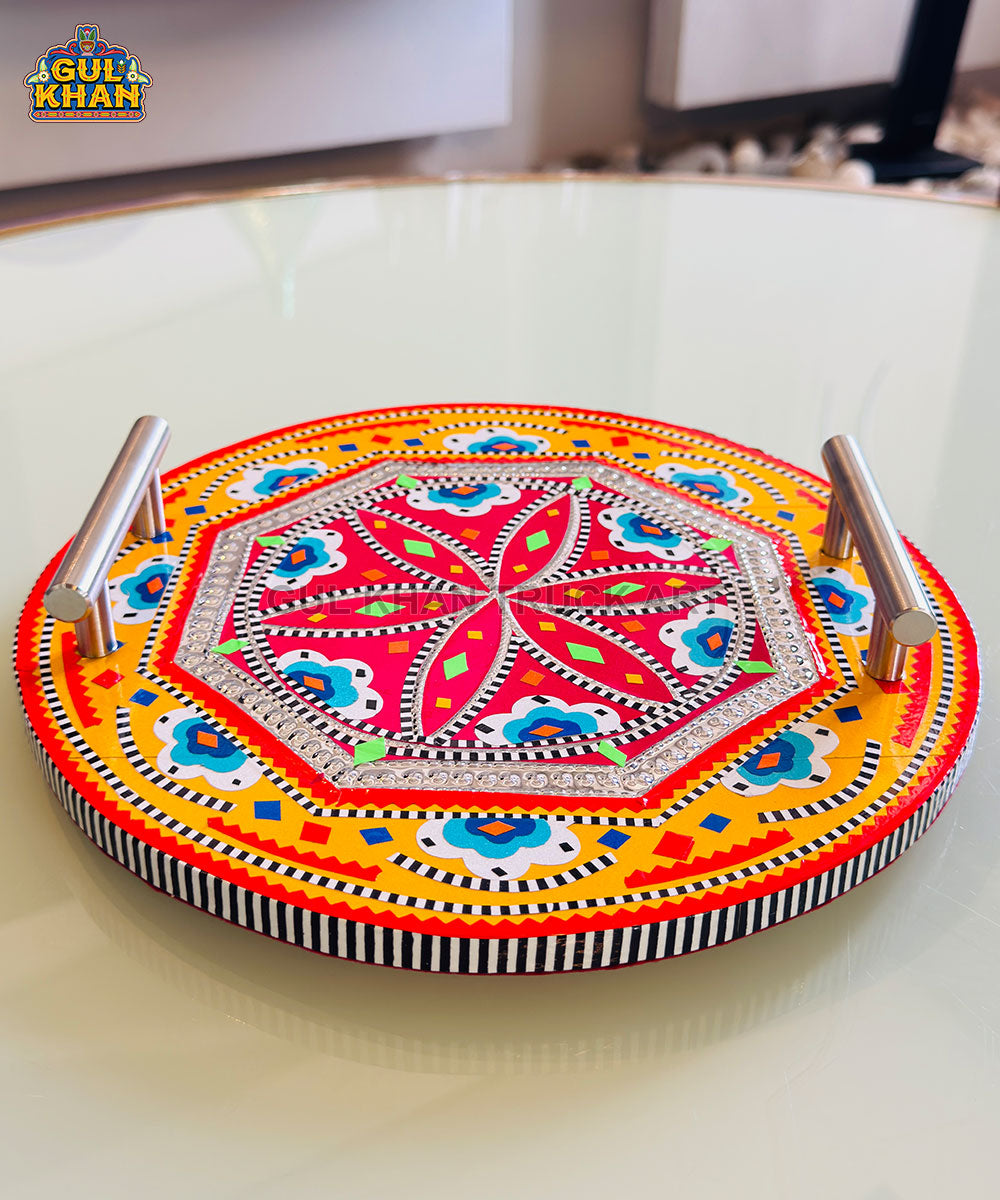 Round Orange & Blue Truck Art Serving Tray
