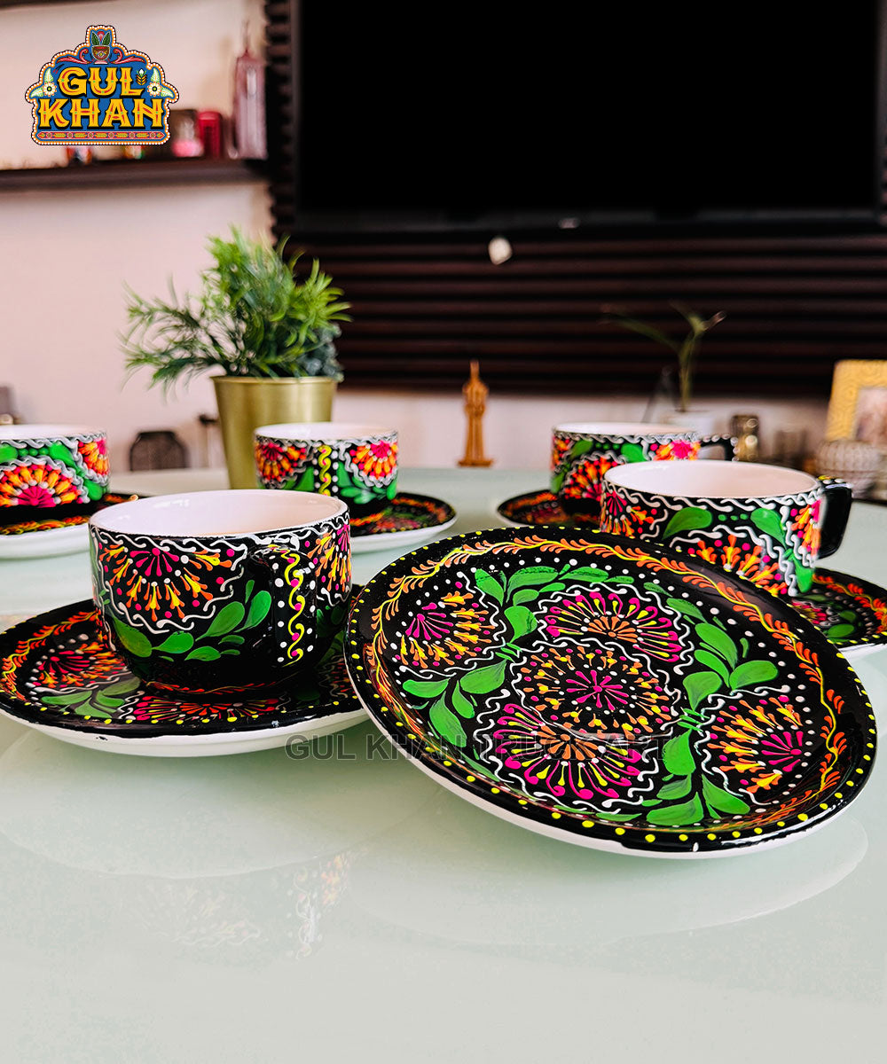 Green & Black Semi Circle Truck Art Handpainted Tea Set
