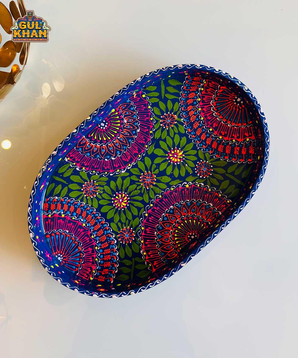 Dark Blue & Red Floral Motif Oval Cone Truck Art Tray (Handpainted) - Gul Khan Truck Art