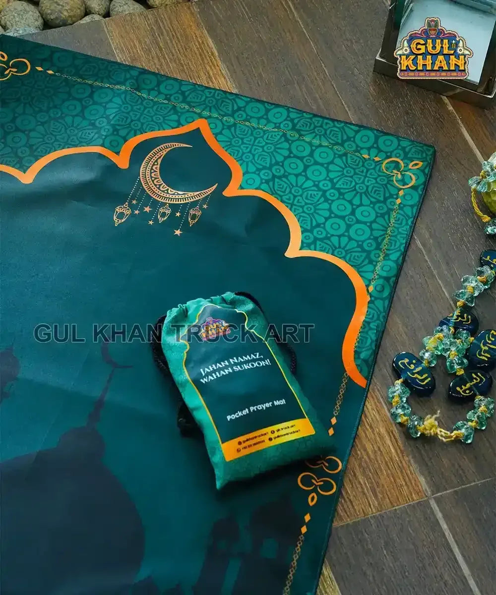 Sea Green Crescent Pocket Janamaz/Prayer Rug - Gul Khan Truck Art