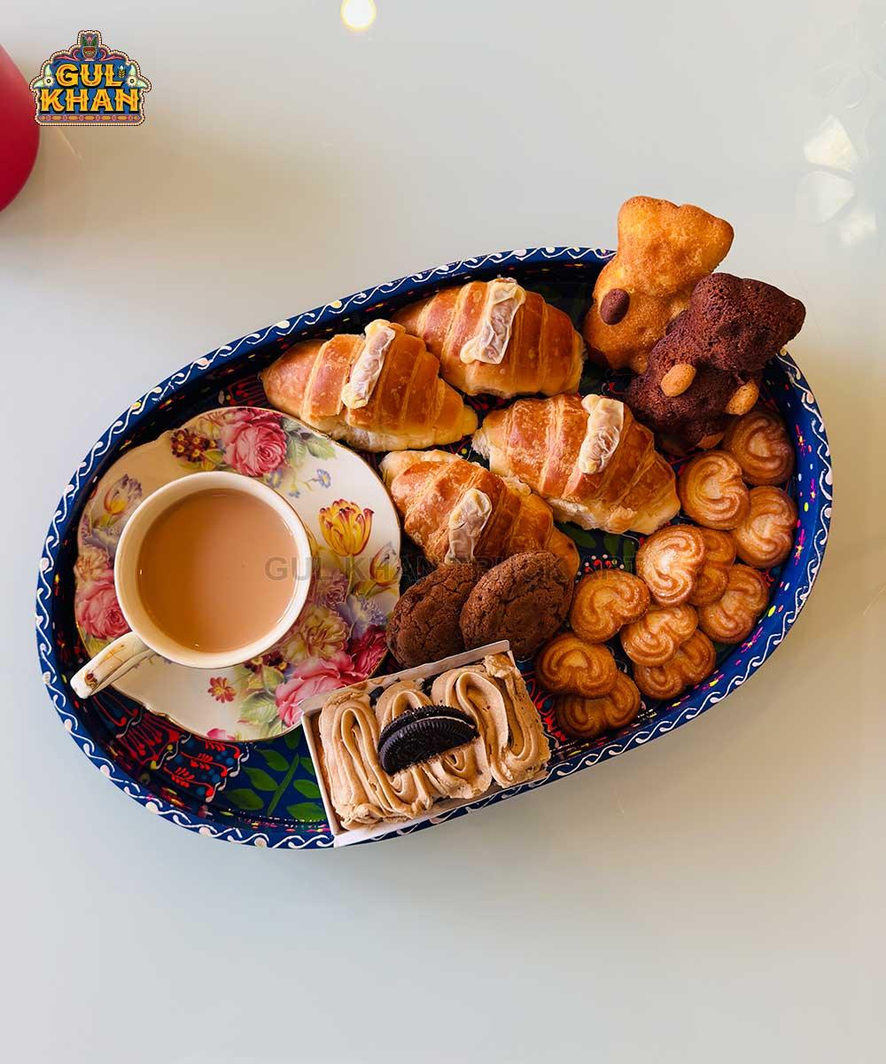 Dark Blue & Red Floral Motif Oval Cone Truck Art Tray (Handpainted) - Gul Khan Truck Art