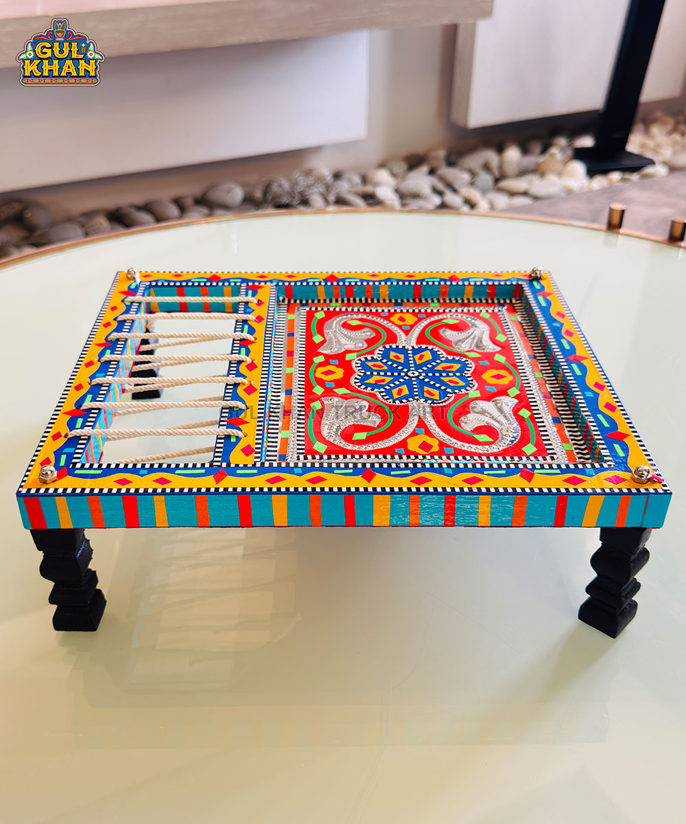 Red Floral Truck Art Charpai Tray