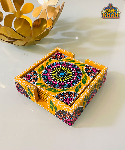 Yellow Cone Art Coaster Set Of Six (Handpainted)