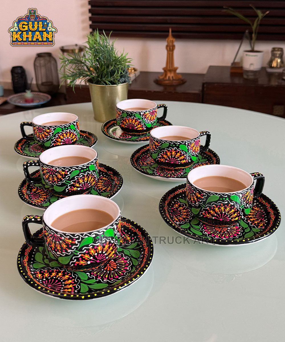 Green & Black Semi Circle Truck Art Handpainted Tea Set - Gul Khan Truck Art