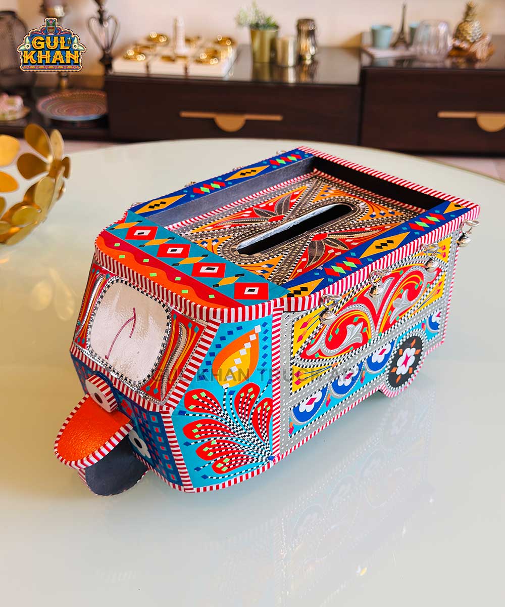 Orange & Blue Motif Rickshaw Tissue Box Truck Art - Gul Khan Truck Art
