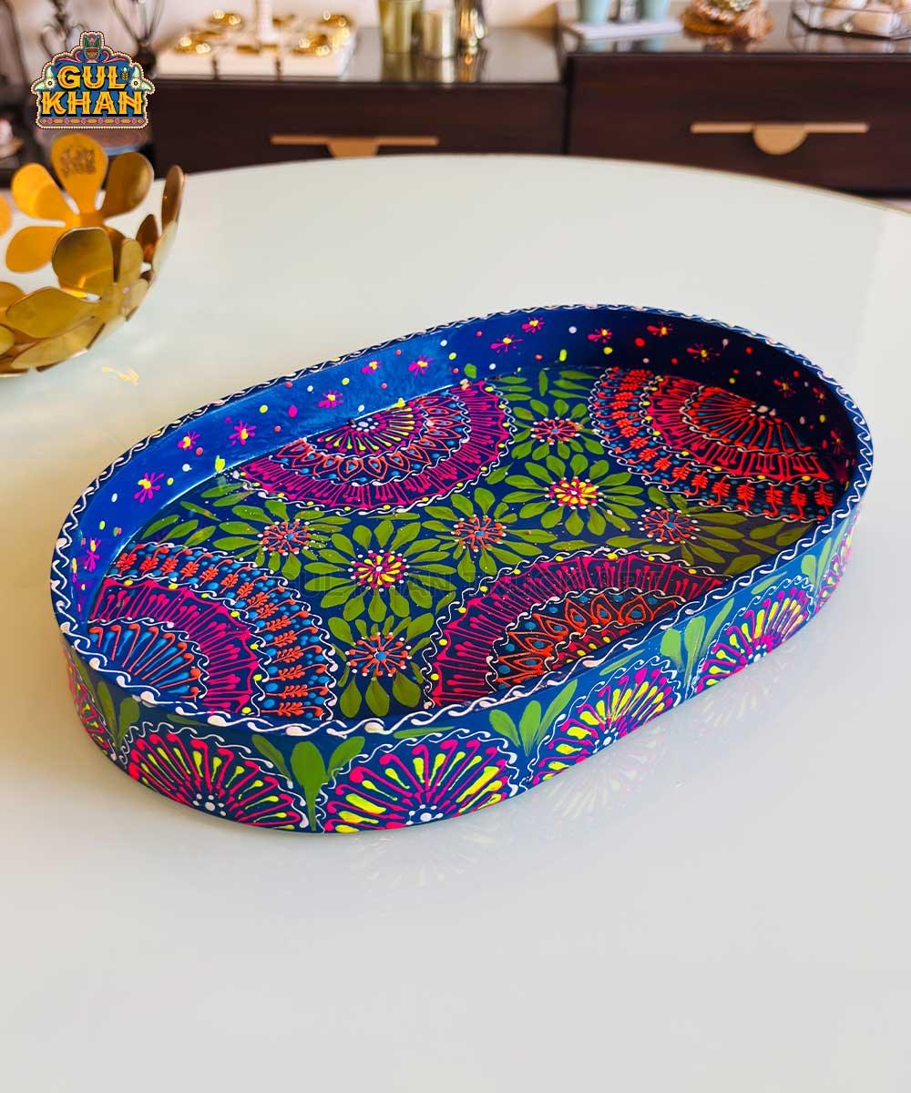 Dark Blue & Red Floral Motif Oval Cone Truck Art Tray (Handpainted) - Gul Khan Truck Art