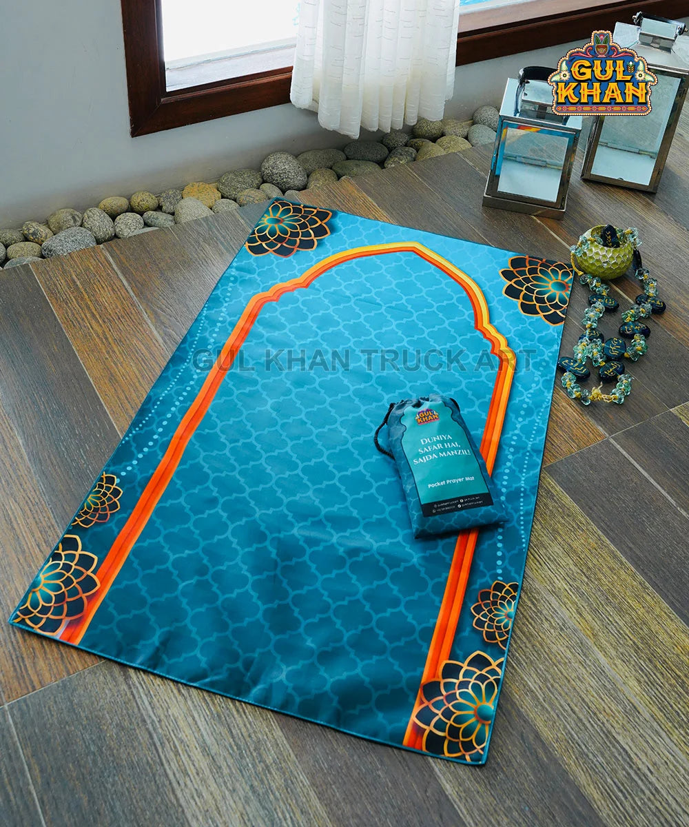 Sky Blue & Black Motif Pocket Janamaz/Prayer Rug