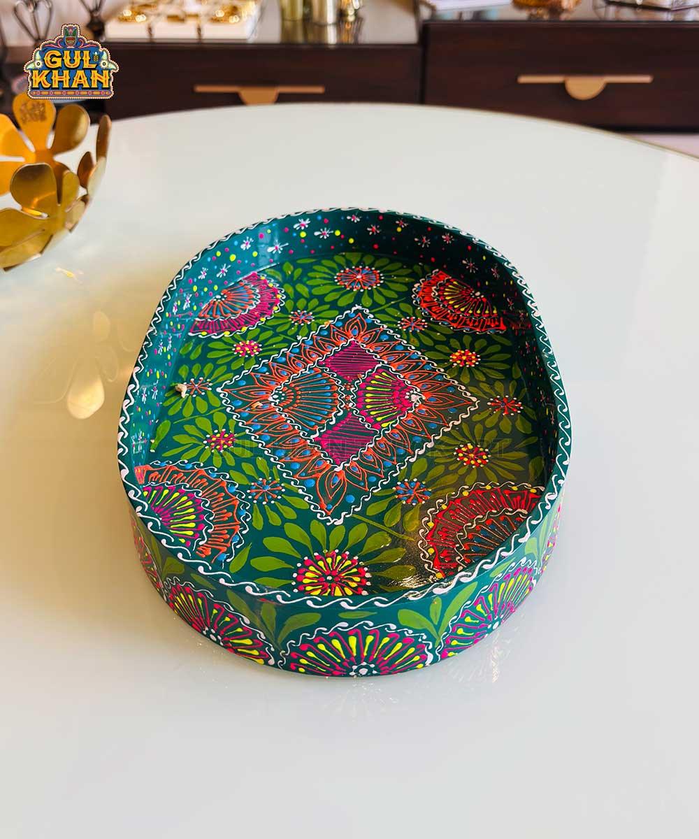 Green & Red Floral Motif Oval Cone Truck Art Tray (Handpainted) - Gul Khan Truck Art