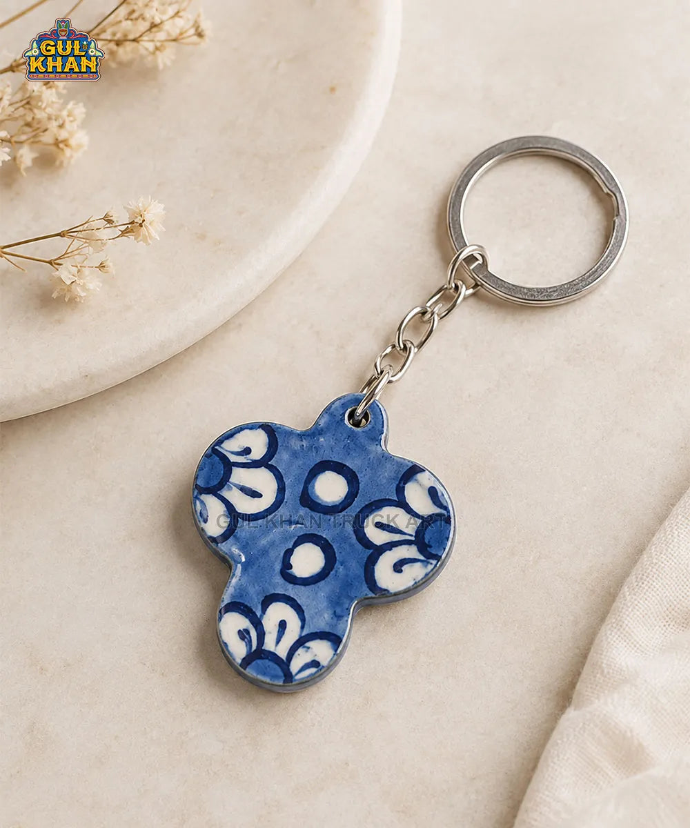 Multani Blue Pottery Clover-Shaped Ceramic Keychain