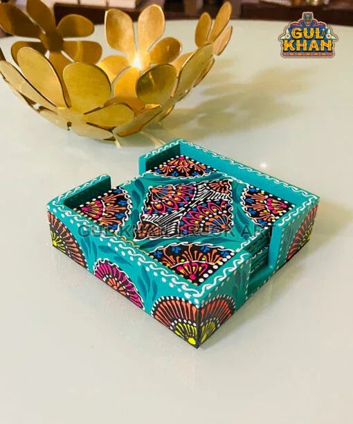 Sea Green Cone Art Coaster Set Of Six (Handpainted) - Gul Khan Truck Art