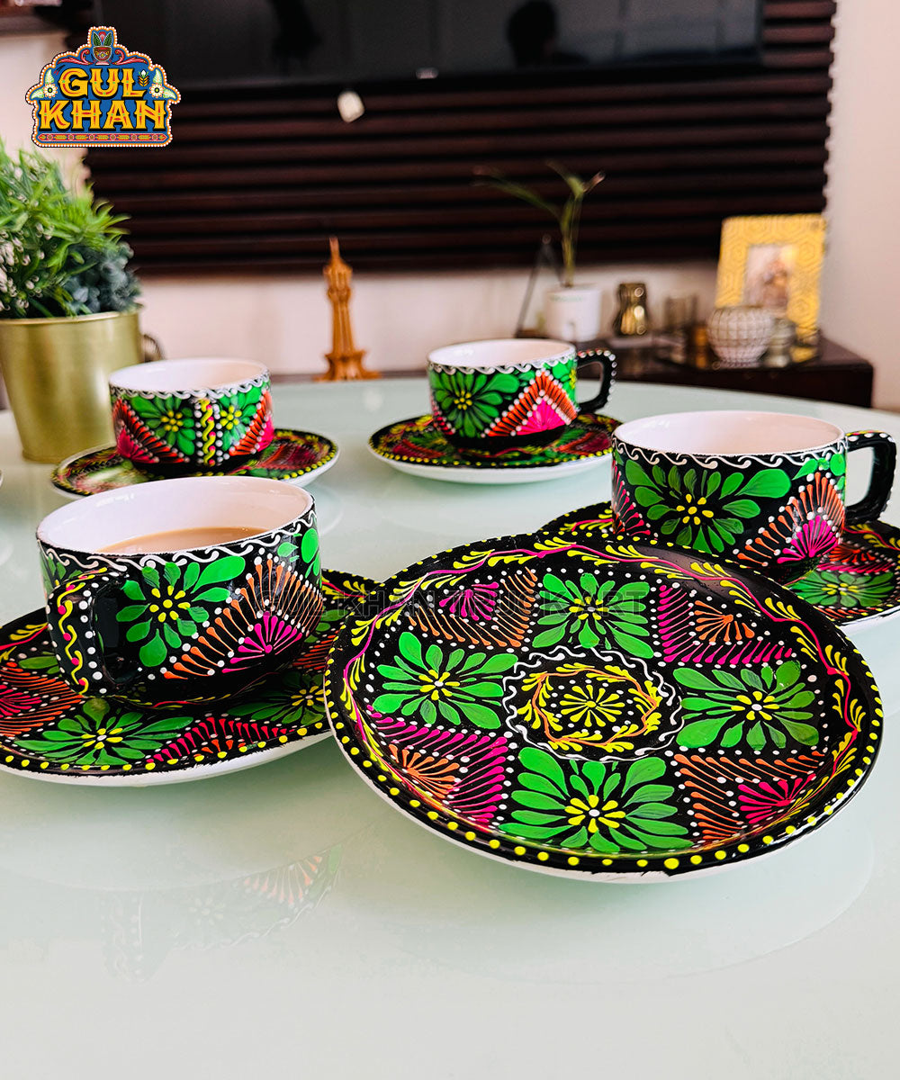 Green & Black Triangular Truck Art Handpainted Tea Set - Gul Khan Truck Art