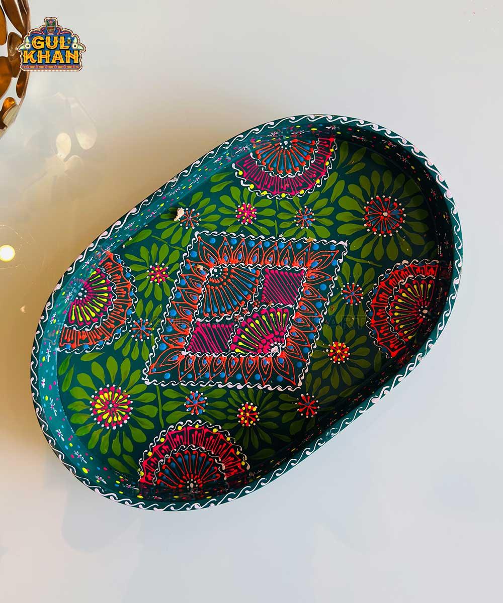 Green & Red Floral Motif Oval Cone Truck Art Tray (Handpainted) - Gul Khan Truck Art