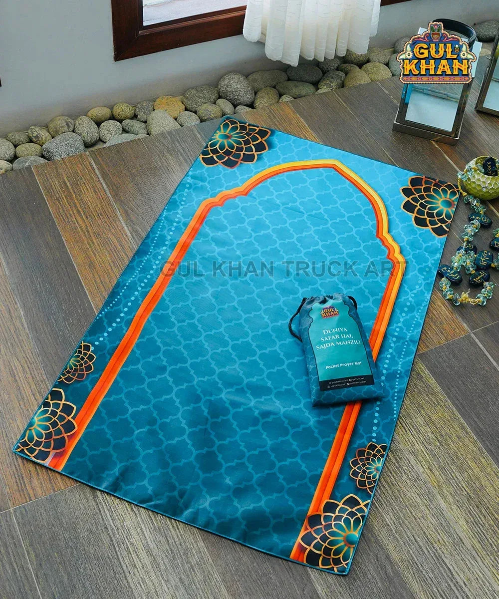 Sky Blue & Black Motif Pocket Janamaz/Prayer Rug - Gul Khan Truck Art