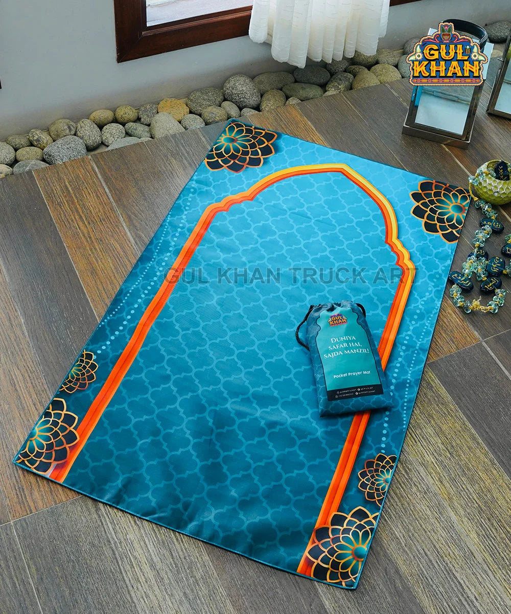 Sky Blue & Black Motif Pocket Janamaz/Prayer Rug