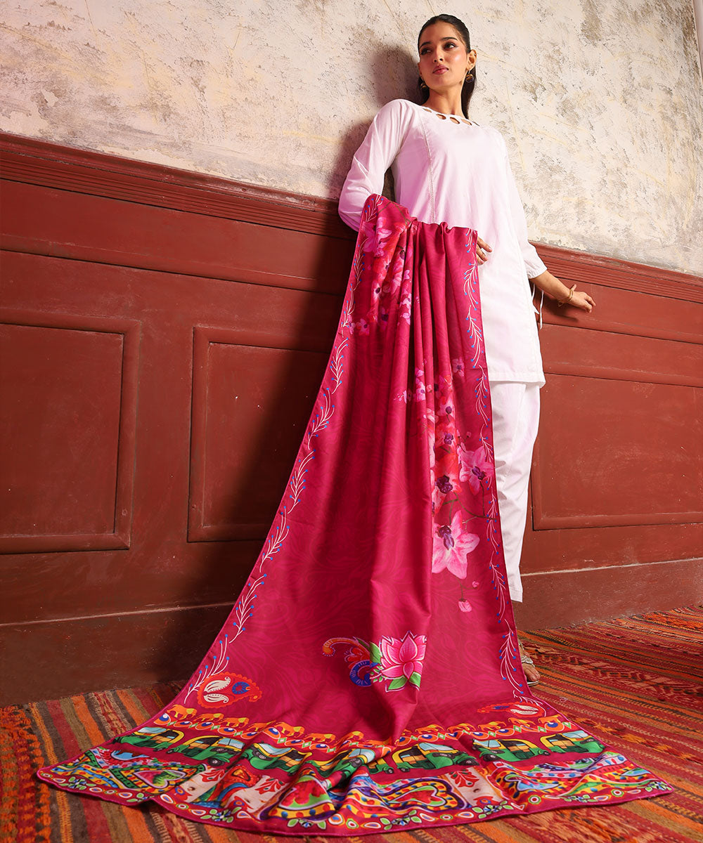 Pink Motif Printed Truck Art Shawls