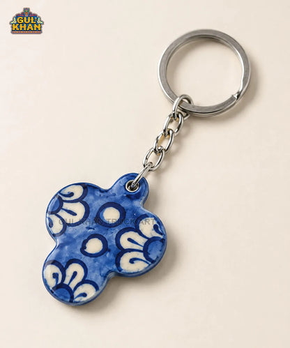 Multani Blue Pottery Clover-Shaped Ceramic Keychain