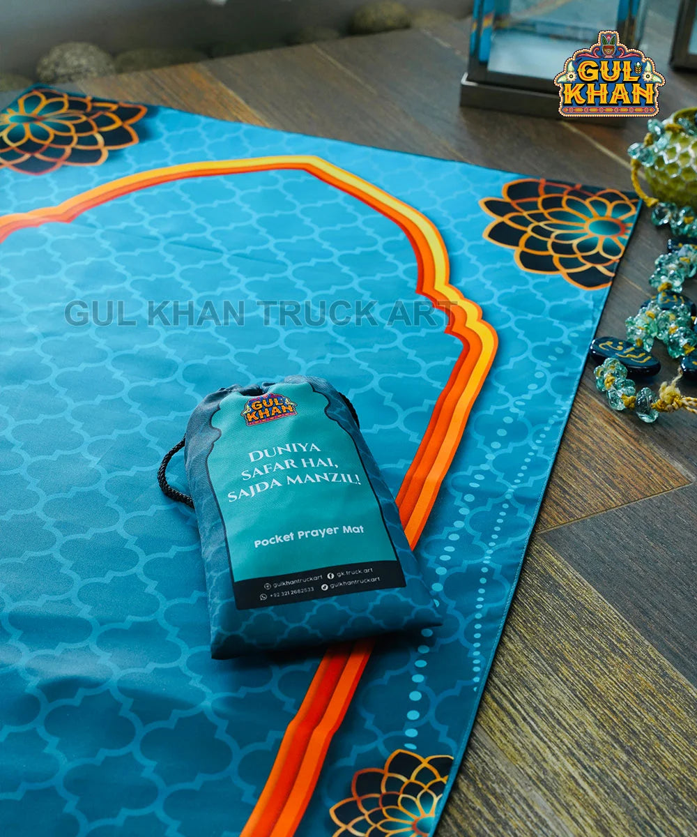 Sky Blue & Black Motif Pocket Janamaz/Prayer Rug