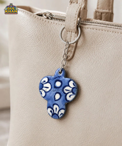 Multani Blue Pottery Clover-Shaped Ceramic Keychain