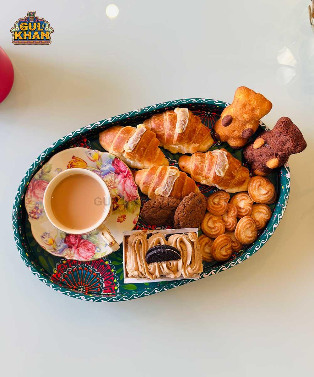 Green & Red Floral Motif Oval Cone Truck Art Tray (Handpainted) - Gul Khan Truck Art