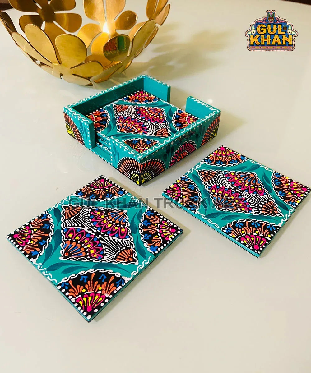 Sea Green Cone Art Coaster Set Of Six (Handpainted) - Gul Khan Truck Art