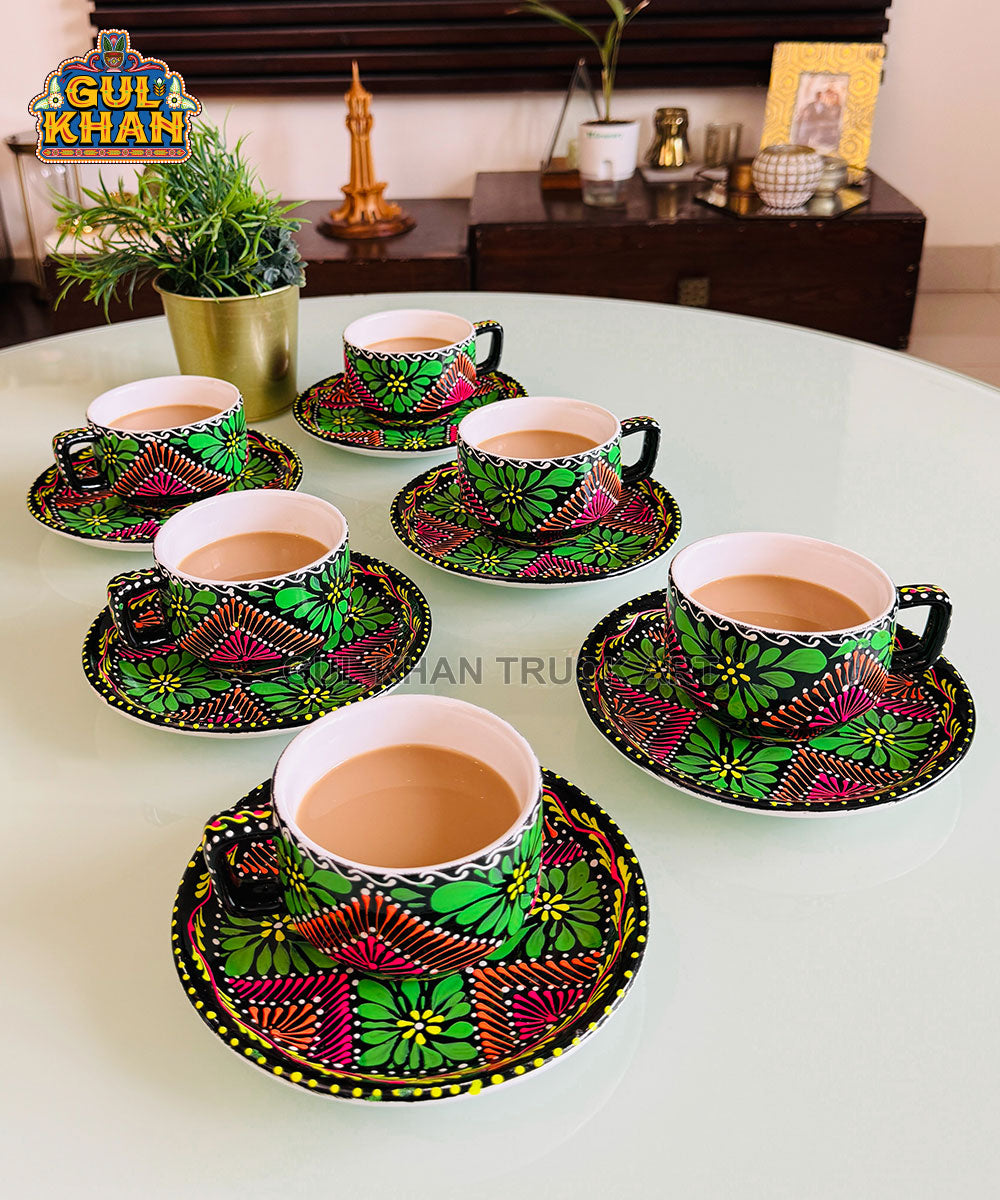 Green & Black Triangular Truck Art Handpainted Tea Set - Gul Khan Truck Art