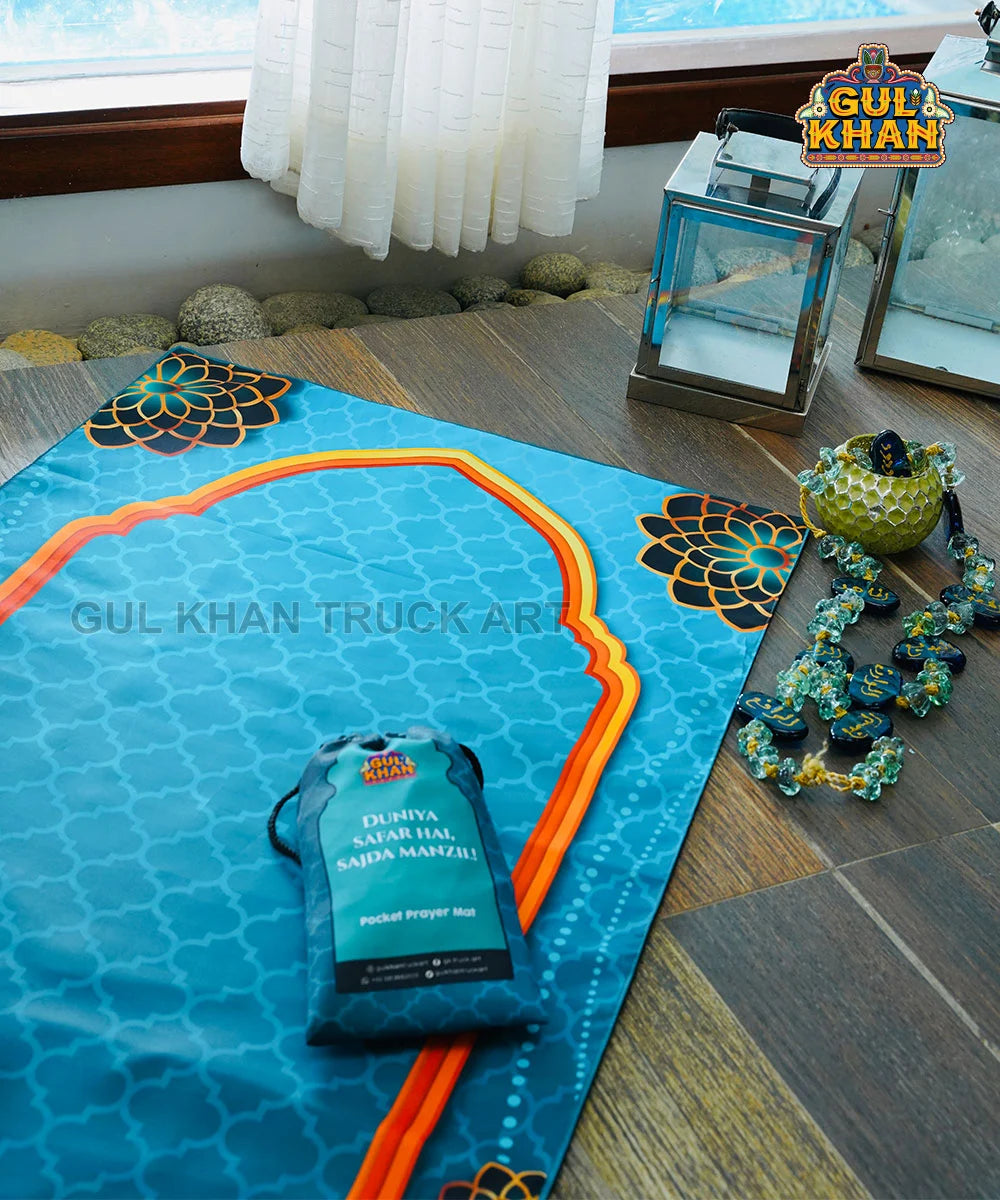 Sky Blue & Black Motif Pocket Janamaz/Prayer Rug