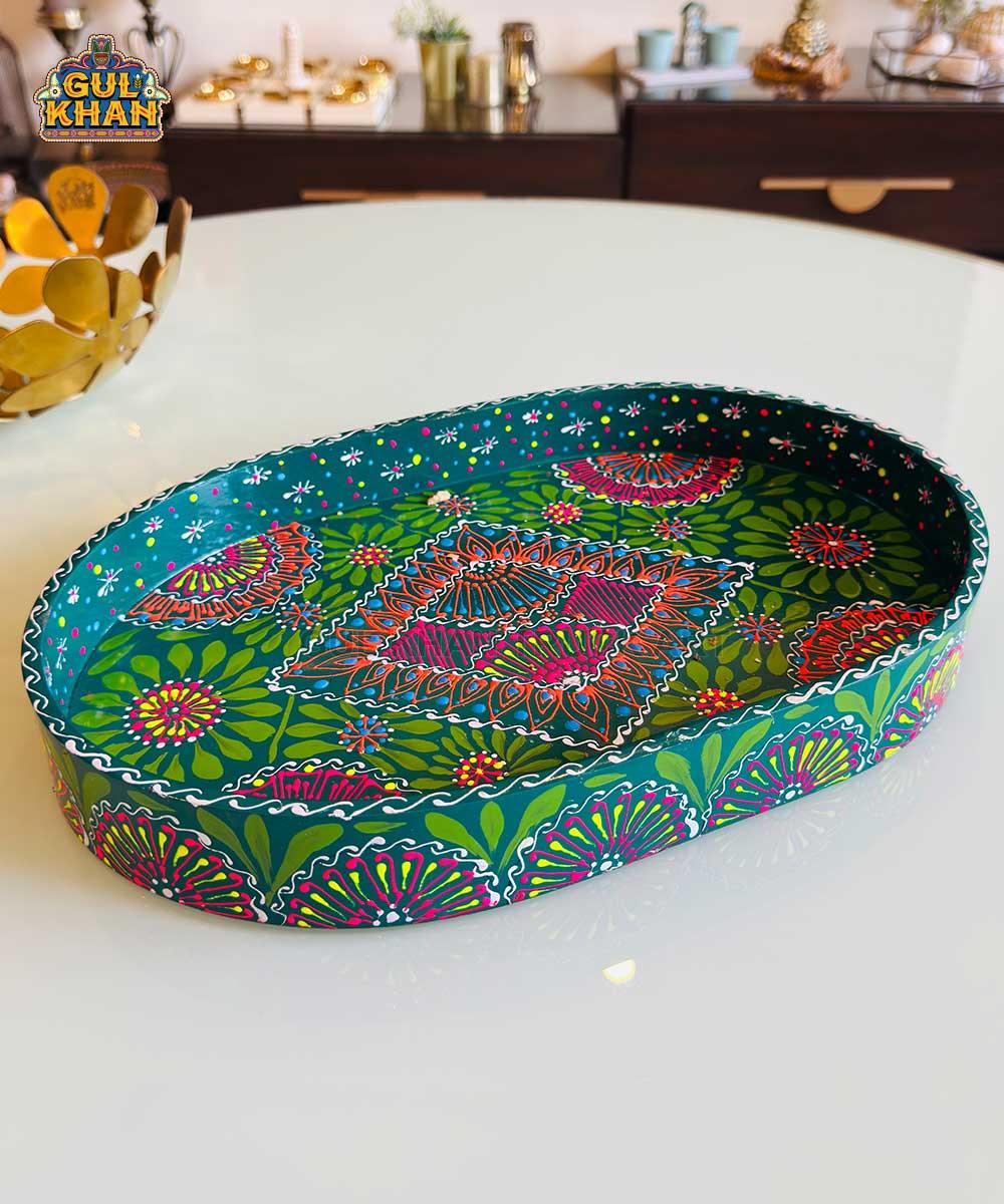 Green & Red Floral Motif Oval Cone Truck Art Tray (Handpainted) - Gul Khan Truck Art