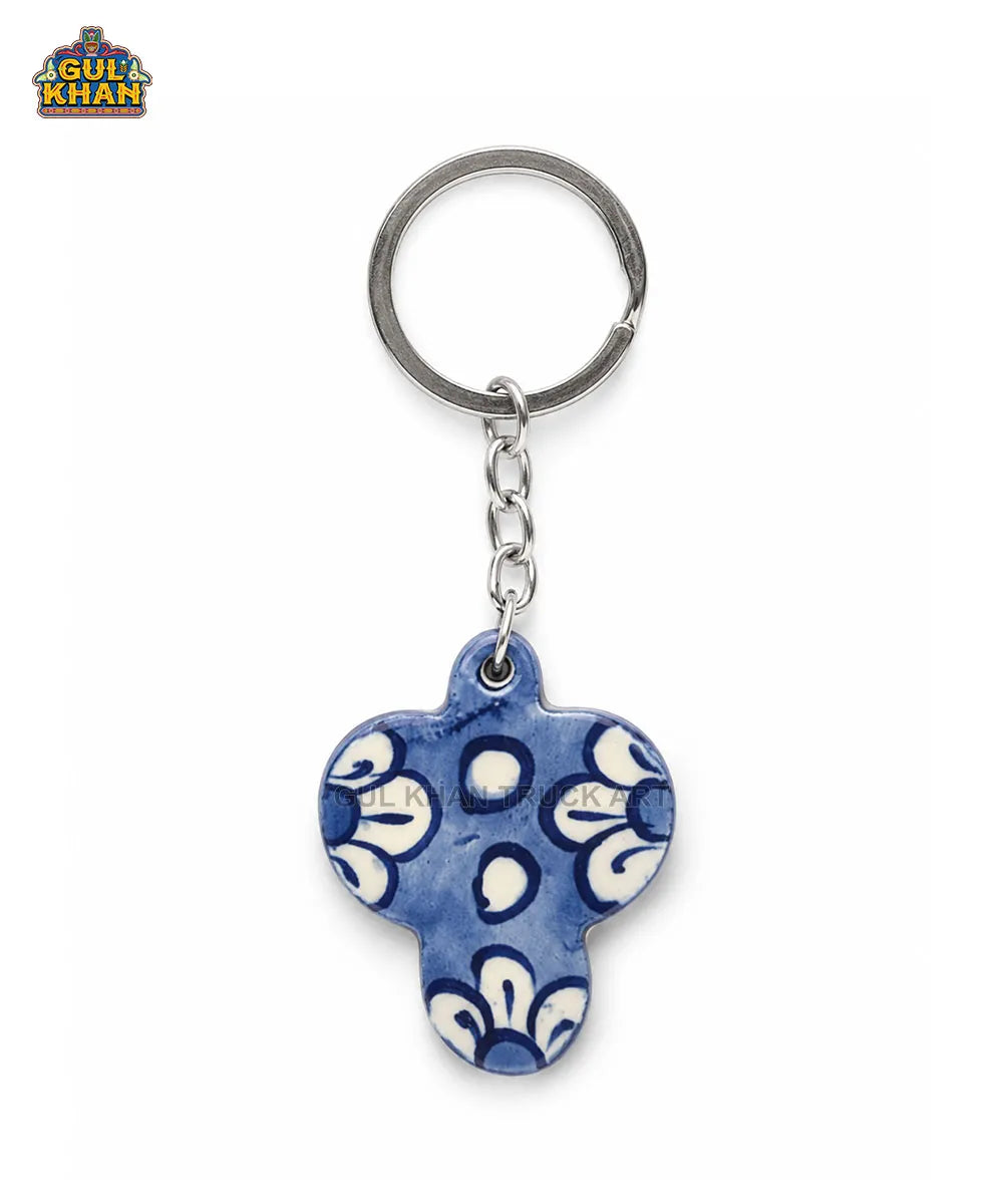 Multani Blue Pottery Clover-Shaped Ceramic Keychain