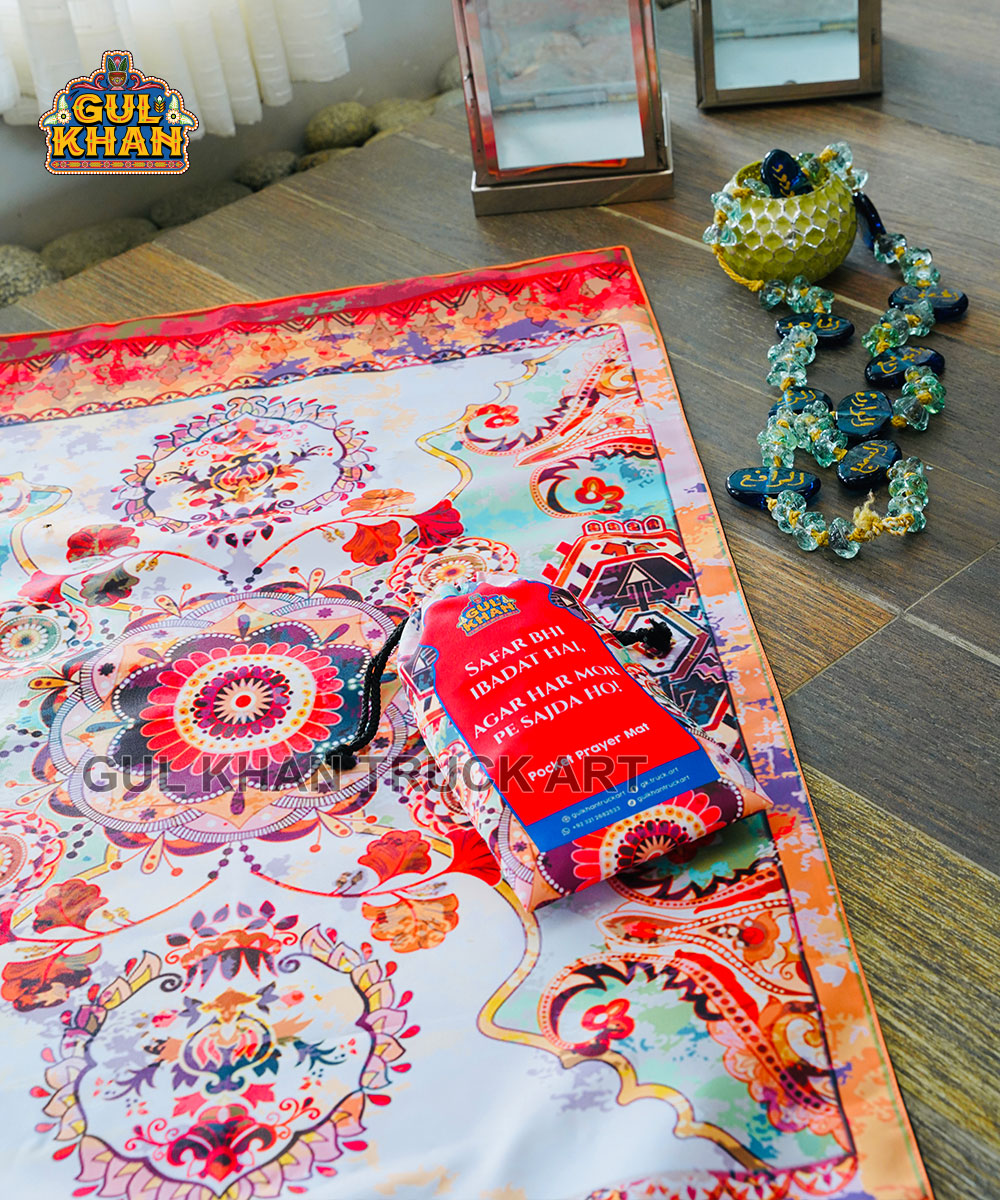 Sky Blue & Red Motif Pocket Janamaz/Prayer Rug