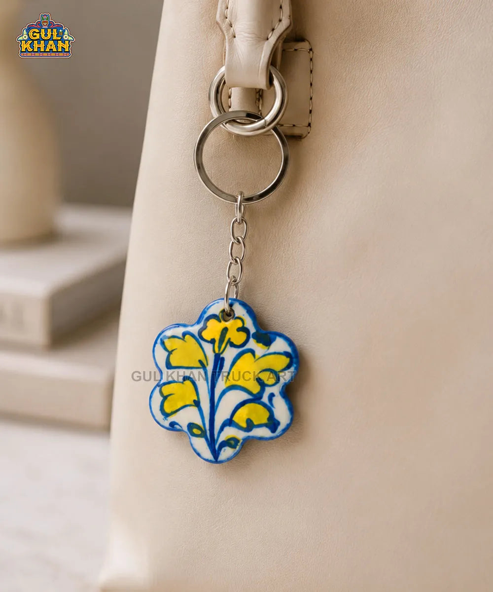 Multani Blue Pottery Yellow Floral Ceramic Keychain