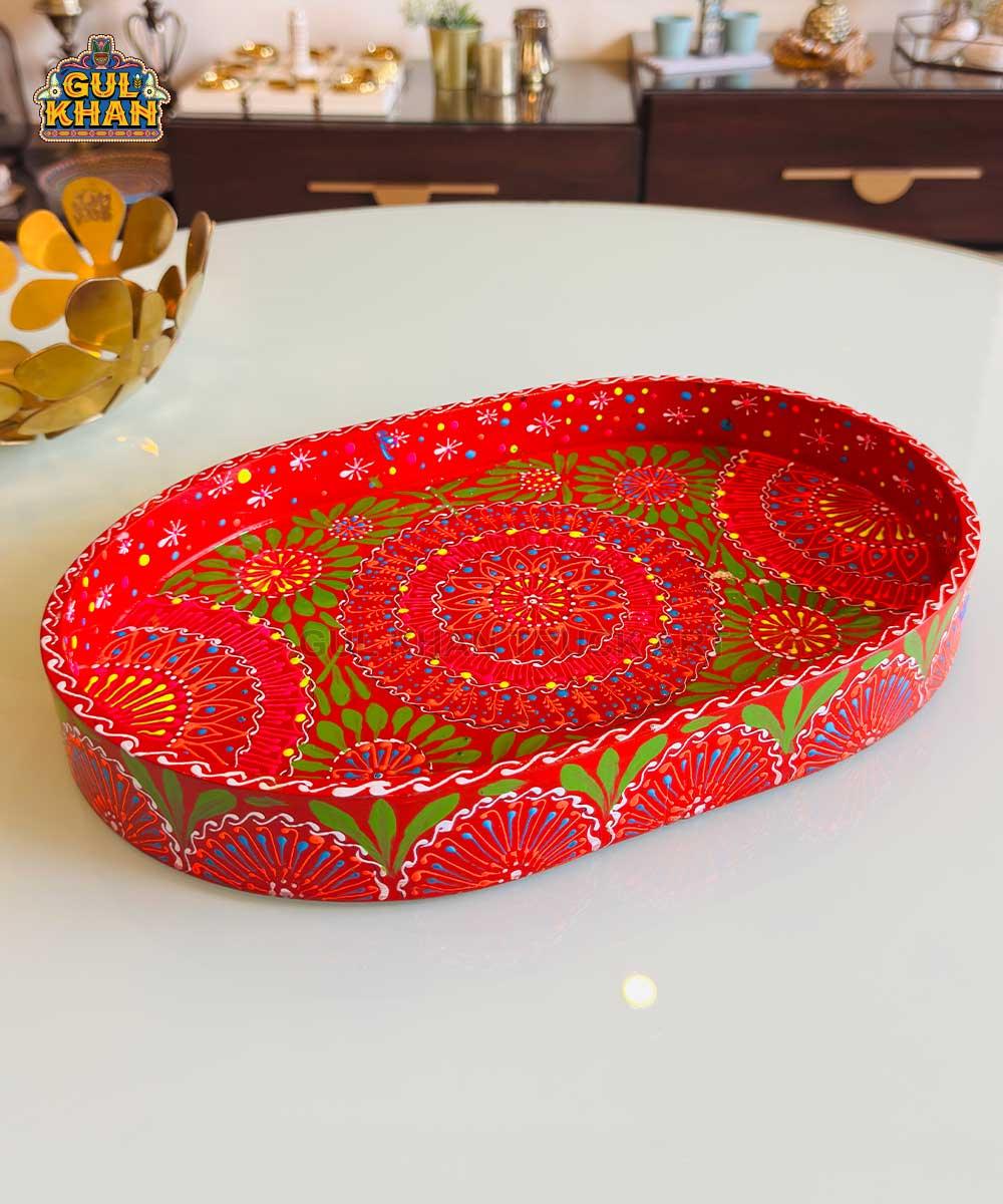 Green & Red Floral Motif Oval Cone Truck Art Tray (Handpainted) - Gul Khan Truck Art