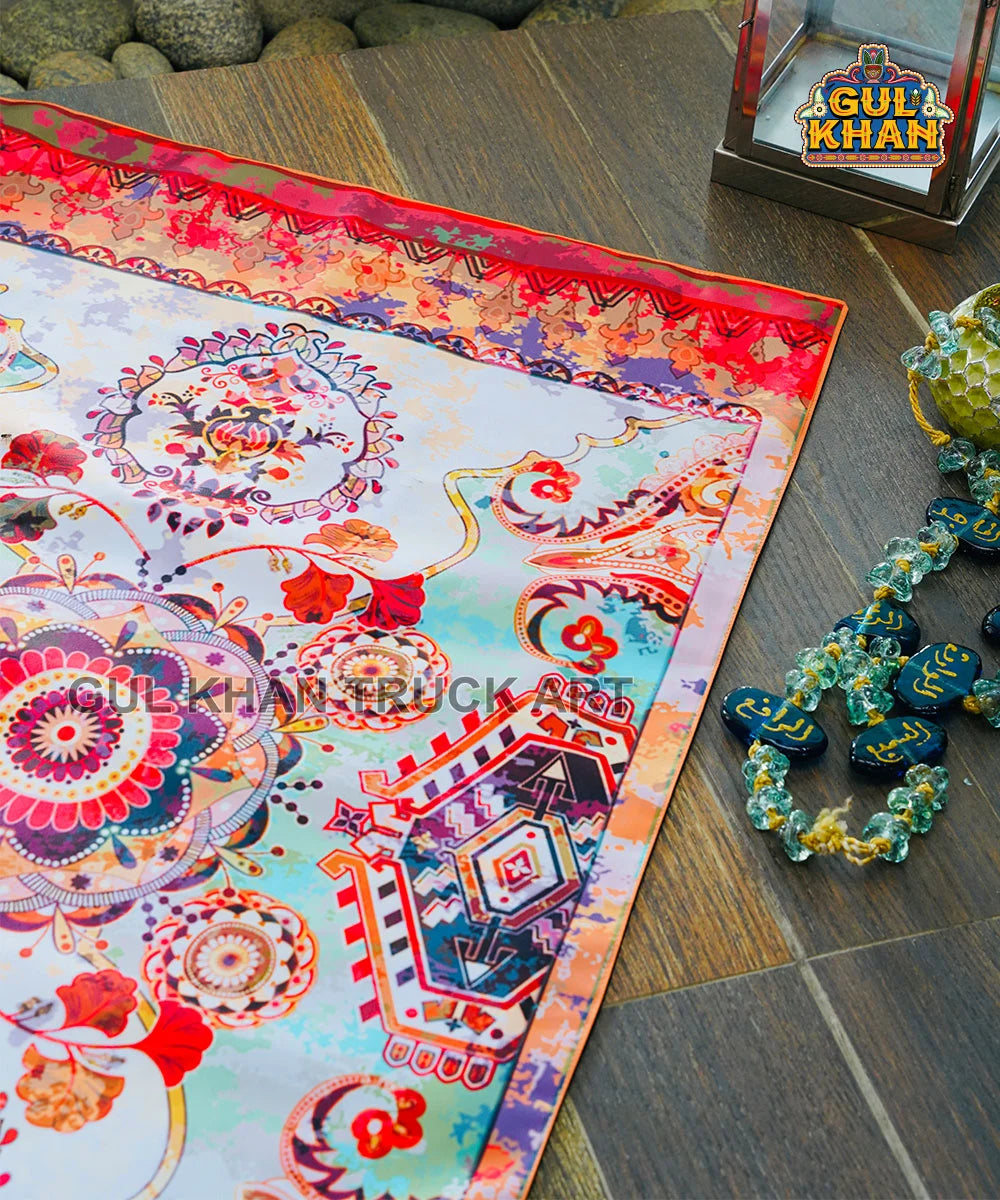 Sky Blue & Red Motif Pocket Janamaz/Prayer Rug