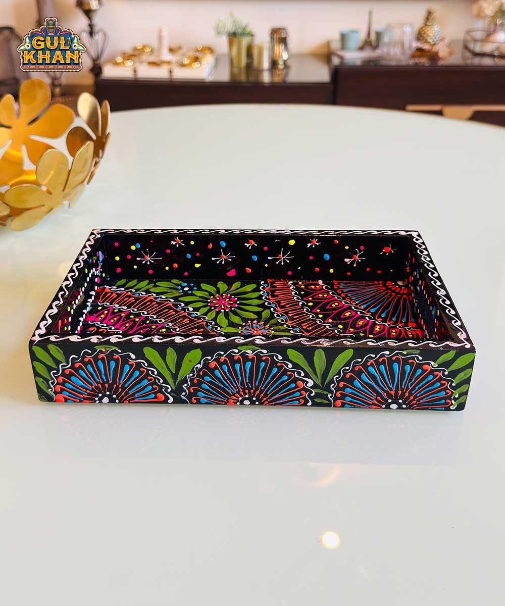 Black & Red Floral Motif Cone Truck Art Tray (Handpainted) - Gul Khan Truck Art