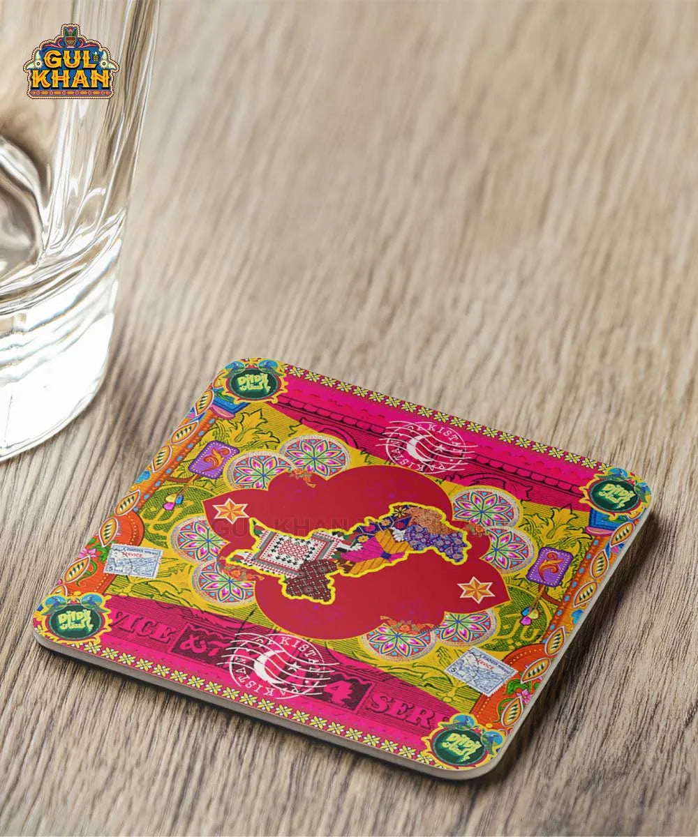 Red Pakistan Map Coaster Design - Gul Khan Truck Art