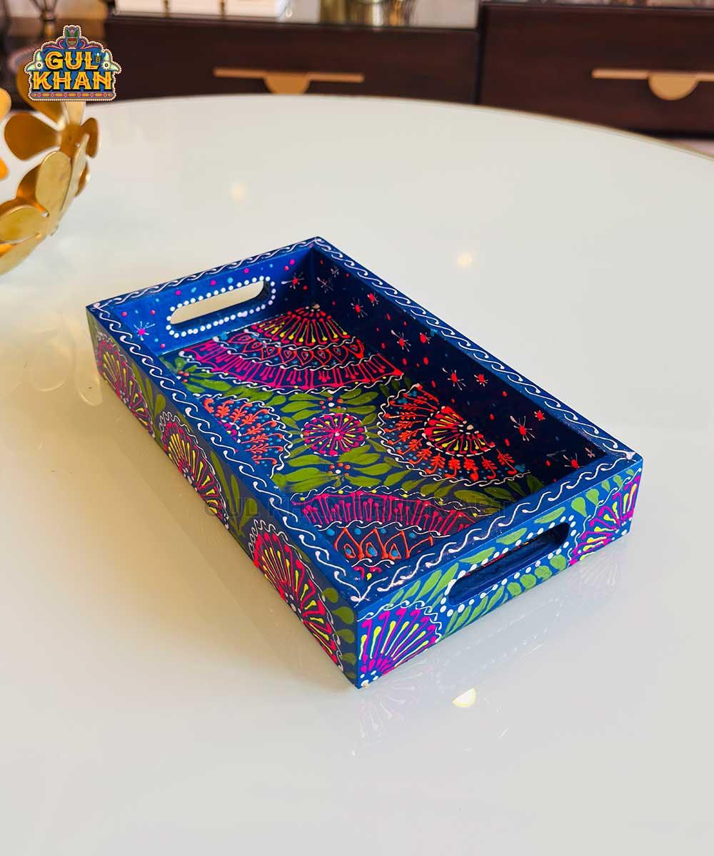 Dark Blue & Red Floral Motif Cone Truck Art Tray (Handpainted)