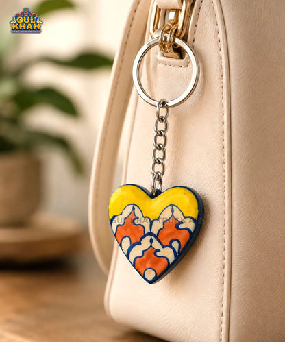 Multani Blue Pottery Yellow Heart Ceramic Keychain