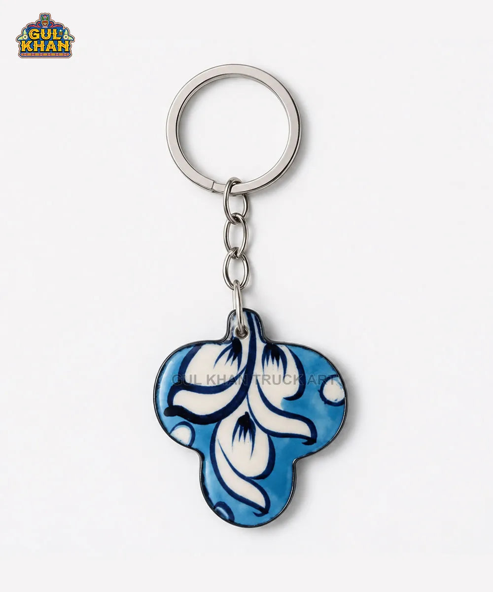 Multani Blue Pottery Three-Petal Floral Ceramic Keychain