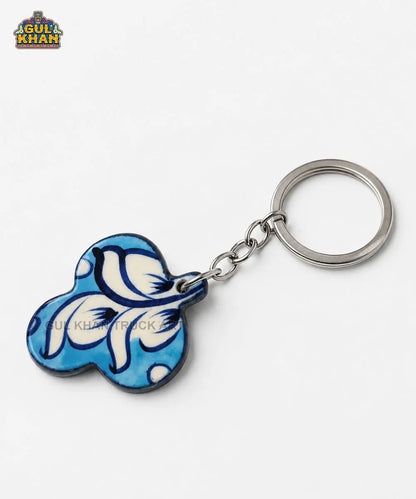 Multani Blue Pottery Three-Petal Floral Ceramic Keychain