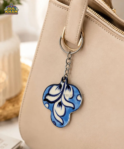 Multani Blue Pottery Three-Petal Floral Ceramic Keychain