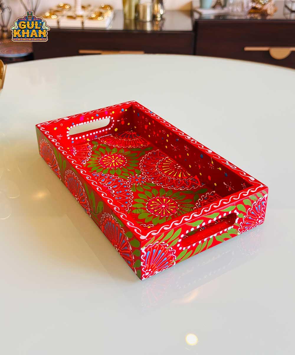 Red & Green Floral Motif Cone Truck Art Tray (Handpainted) - Gul Khan Truck Art