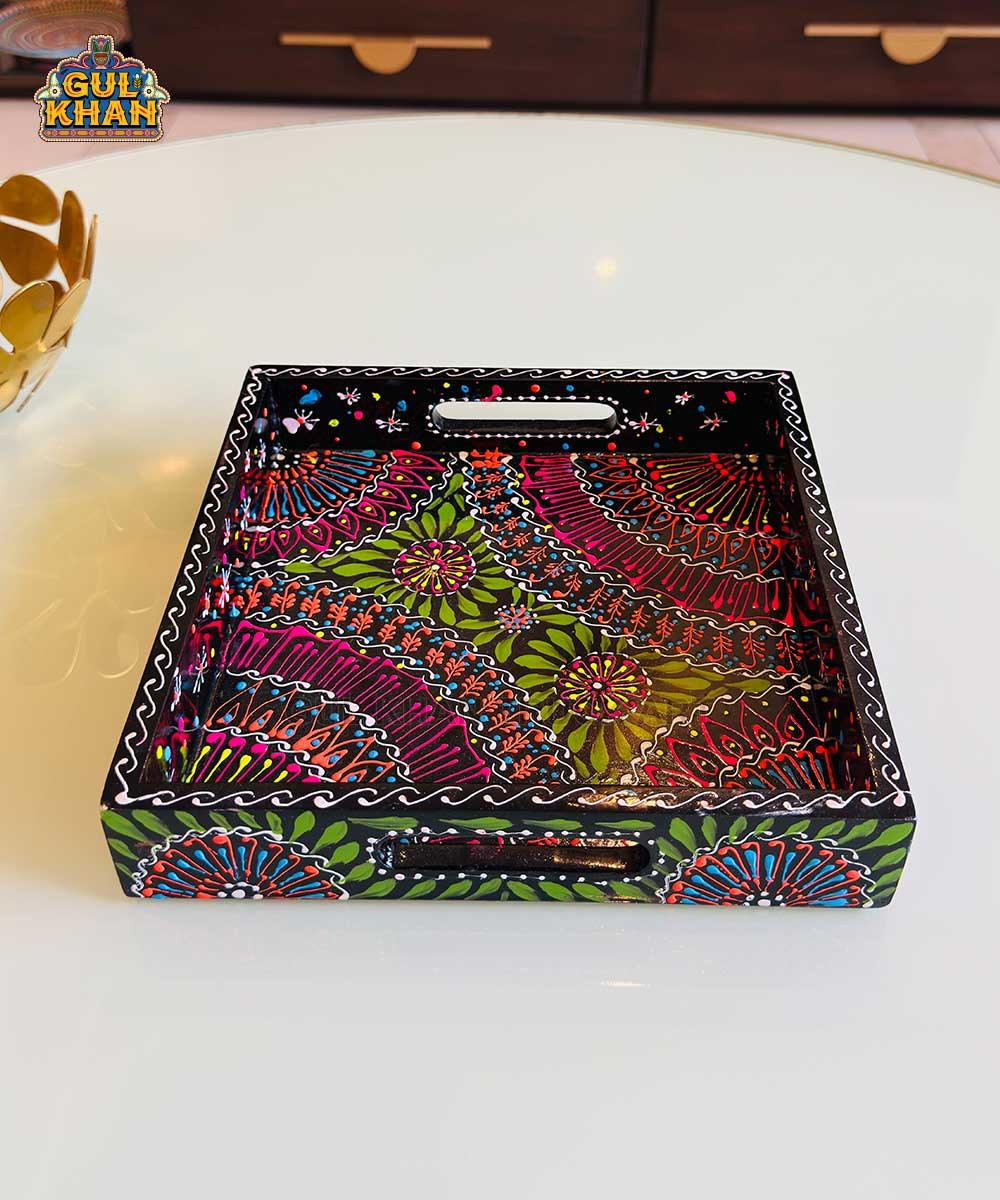 Black & Green Floral Motif Cone Truck Art Tray (Handpainted) - Gul Khan Truck Art