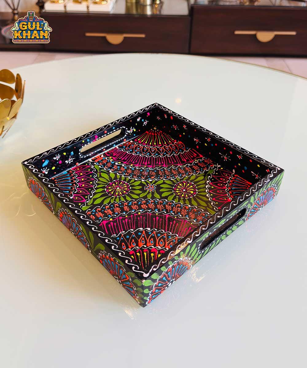Black & Green Floral Motif Cone Truck Art Tray (Handpainted) - Gul Khan Truck Art