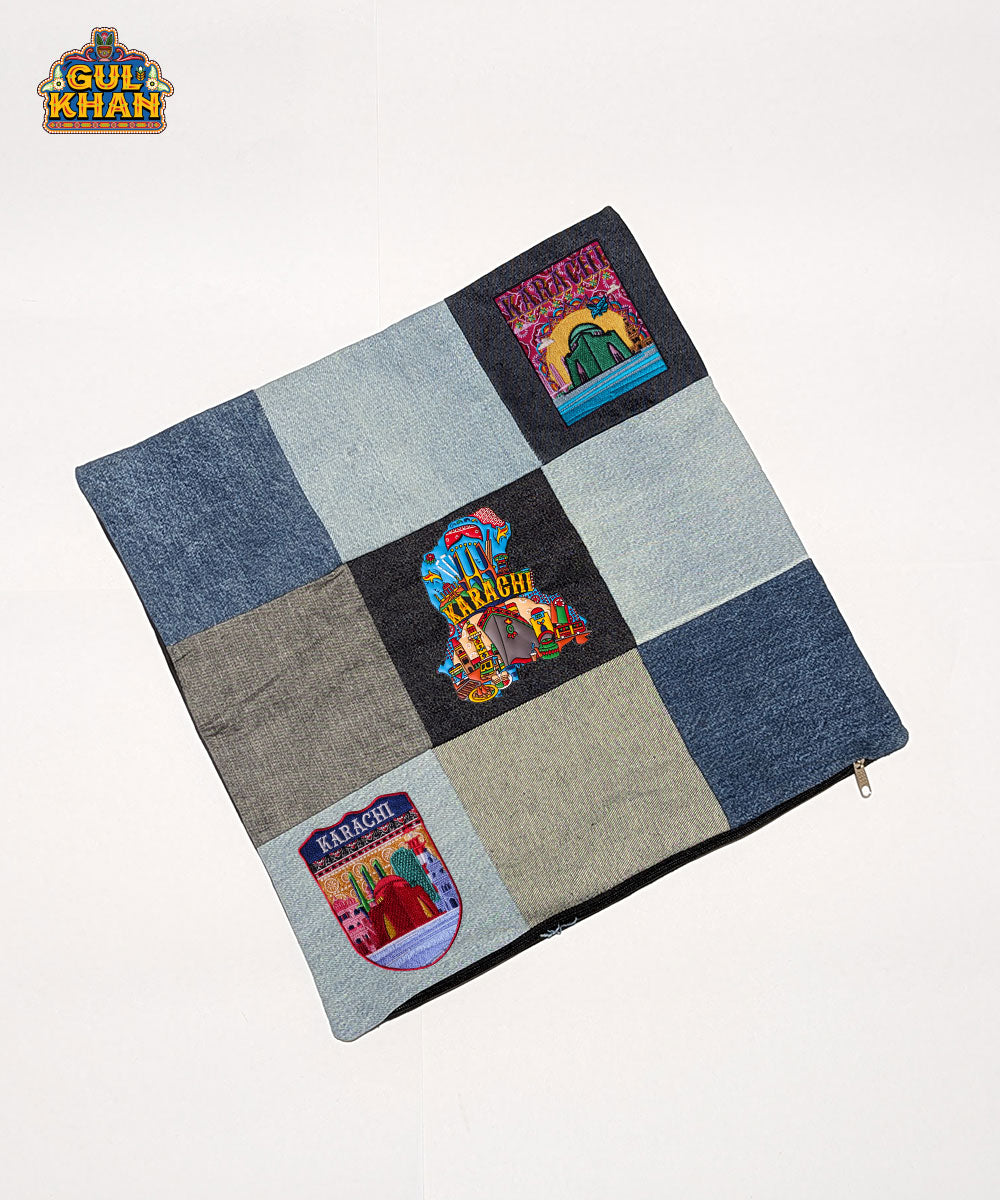 Denim Patchwork Cushion Cover - Gul Khan Truck Art