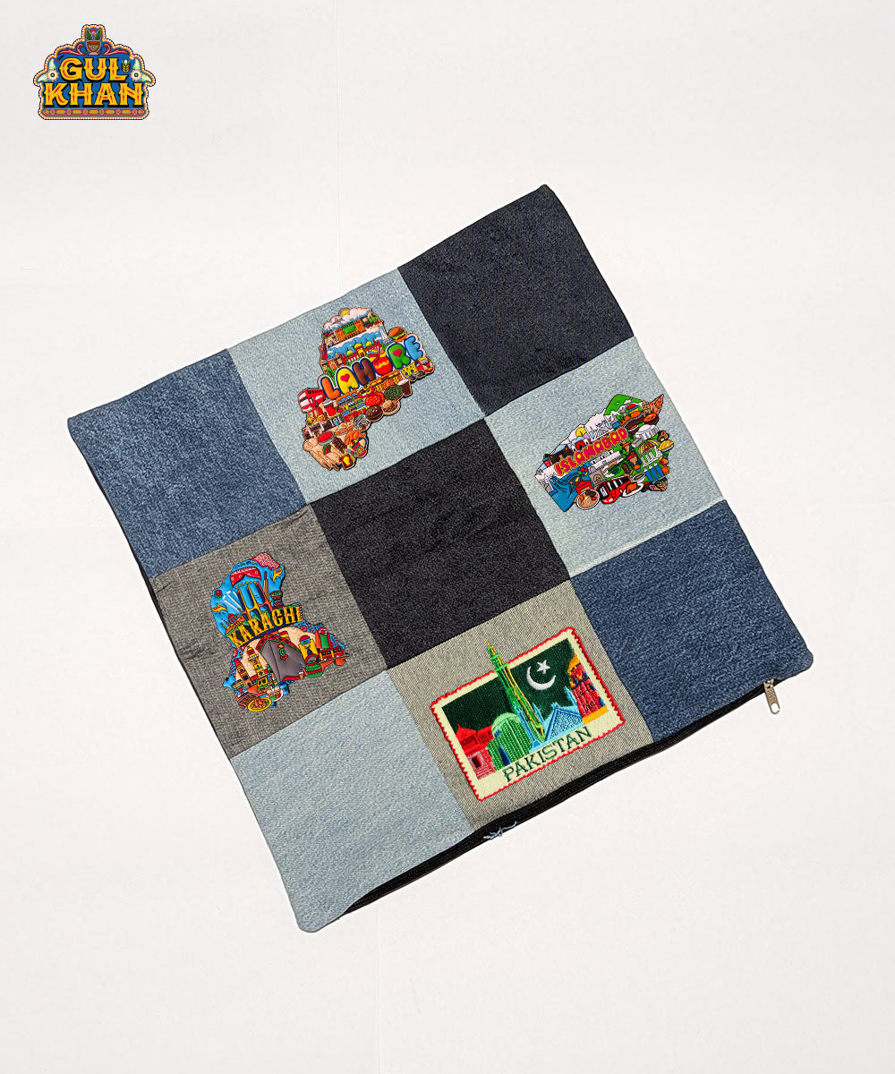 Denim Patchwork Cushion Cover - Gul Khan Truck Art