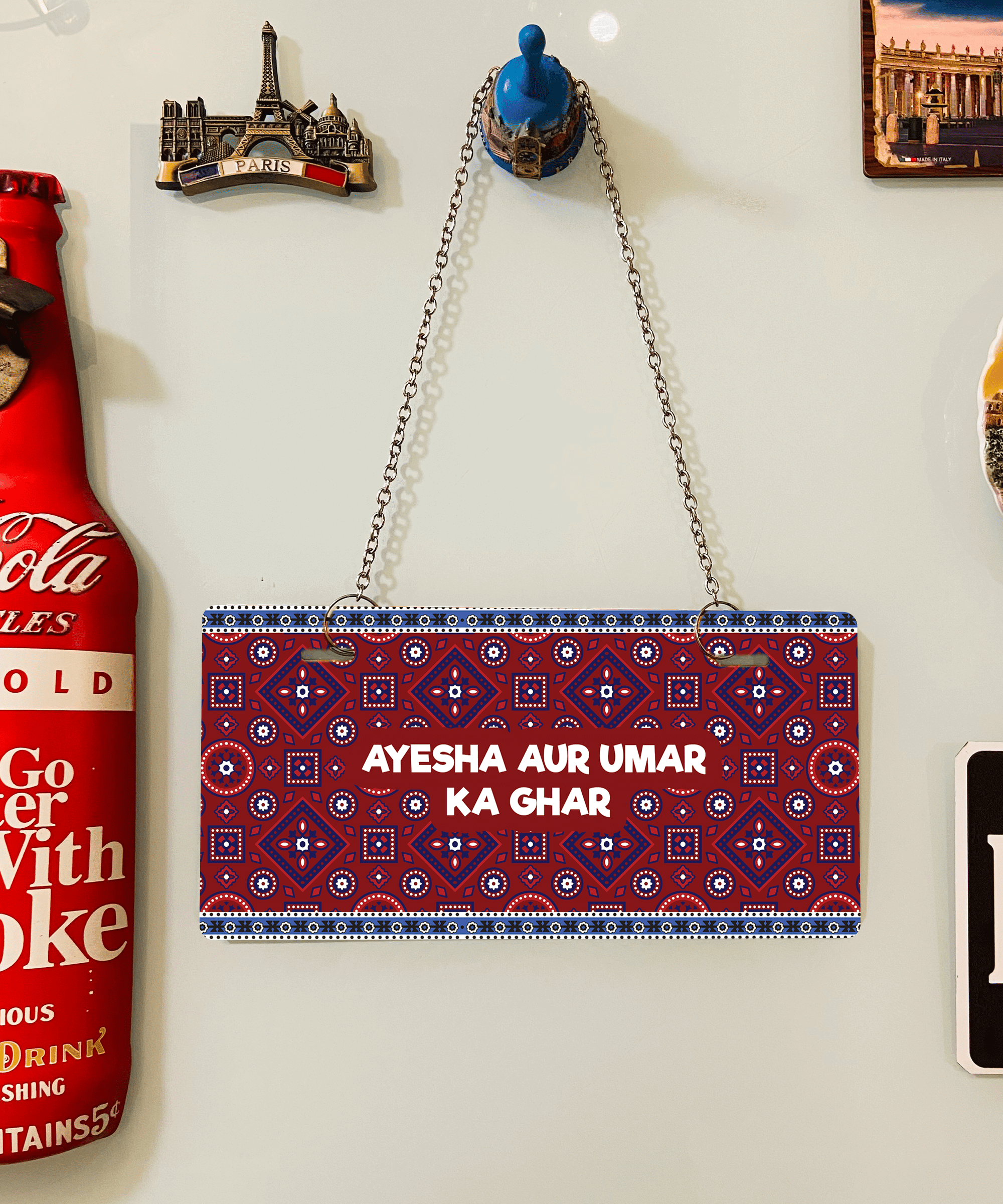 Red & Blue Ajrak Truck Art Customized Wall Plate - Gul Khan Truck Art