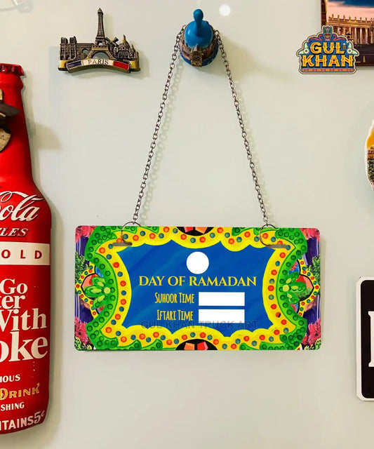 Blue, Green Iftar & Suhoor Schedule Truck Art Wall Plate - Gul Khan Truck Art