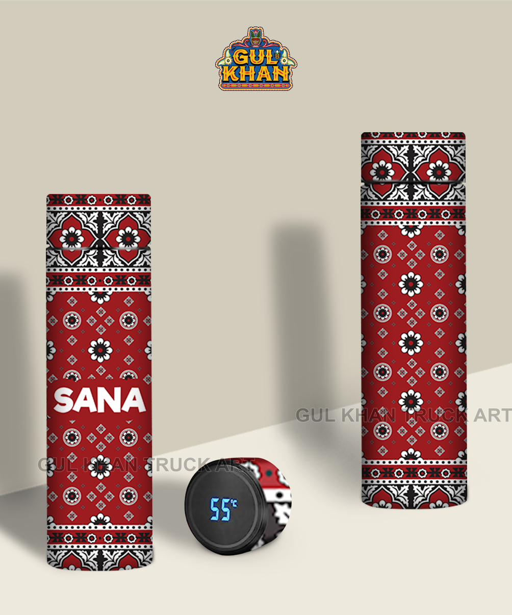 Printed Travel Bottle Customized Ajrak White Design - Gul Khan Truck Art